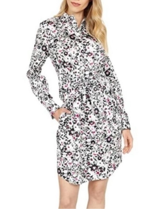 UNTUCKit Dresses & Skirts - UNTUCKit Simone Tie Waist White Pink Green Floral Buttoned Stretch Shirt Dress 4